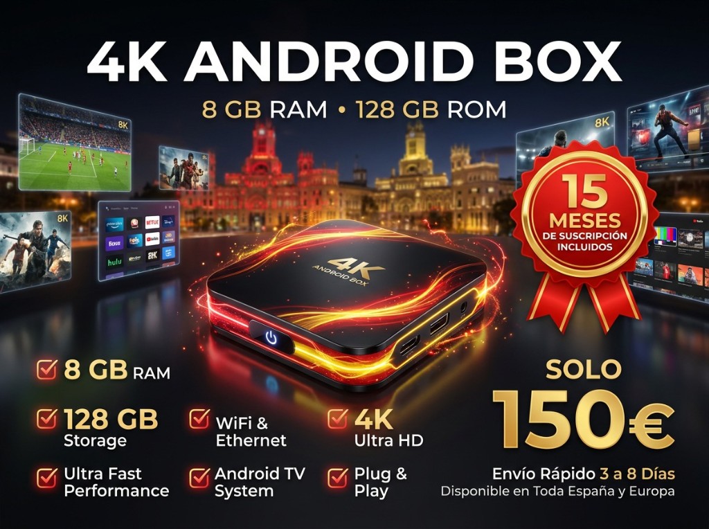 Box Android 4K Suscripción IPTV — 8 GB RAM, 128 GB, 15 meses incluidos